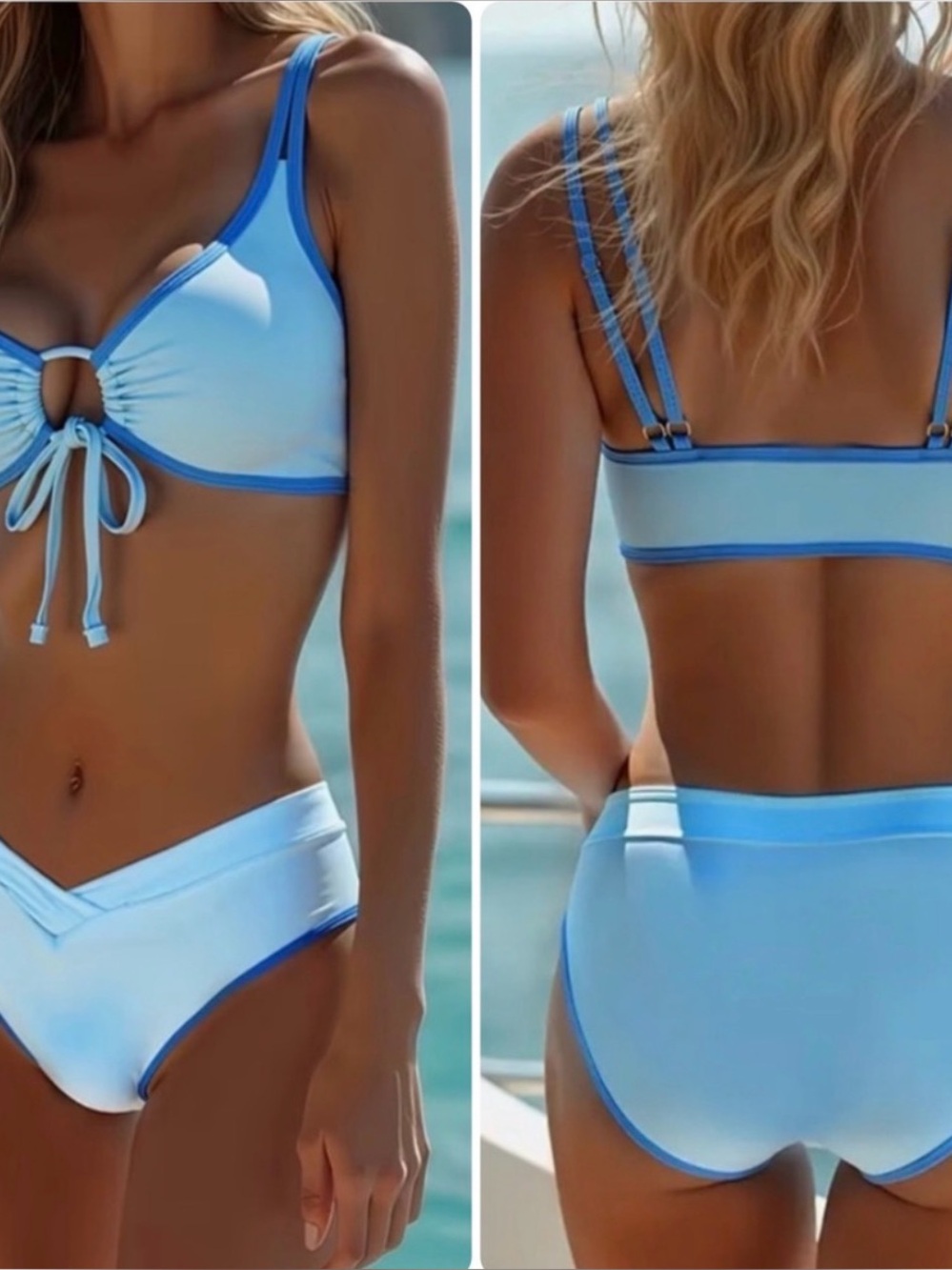 Blue Contrast Trim Tie Front Overlap Bottoms Bikini Set